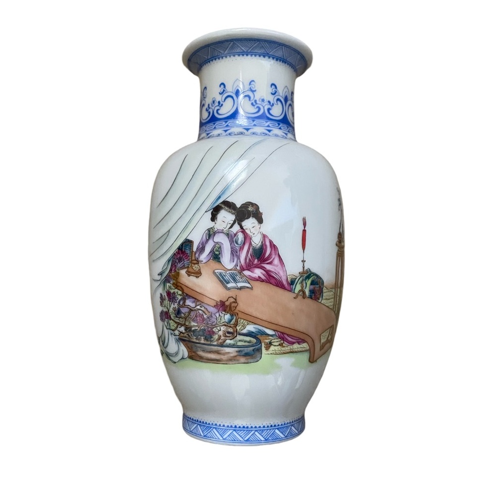 VTG Chinese 8.5” Calligraphy Vase LadiesGirls Blue Mark Trim Eggshell Porcelain
